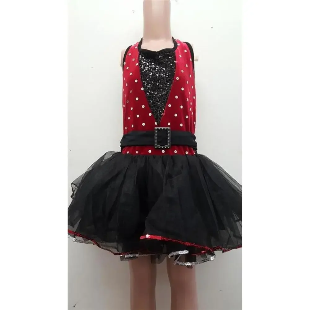 Pre-Owned Dance Costume Curtain call E1866 Large Child Red Tutu Jazz Sequin